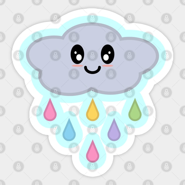 Kawaii Cute Rainbow Raindrop Rain Cloud in Blue Sticker by Kelly Gigi